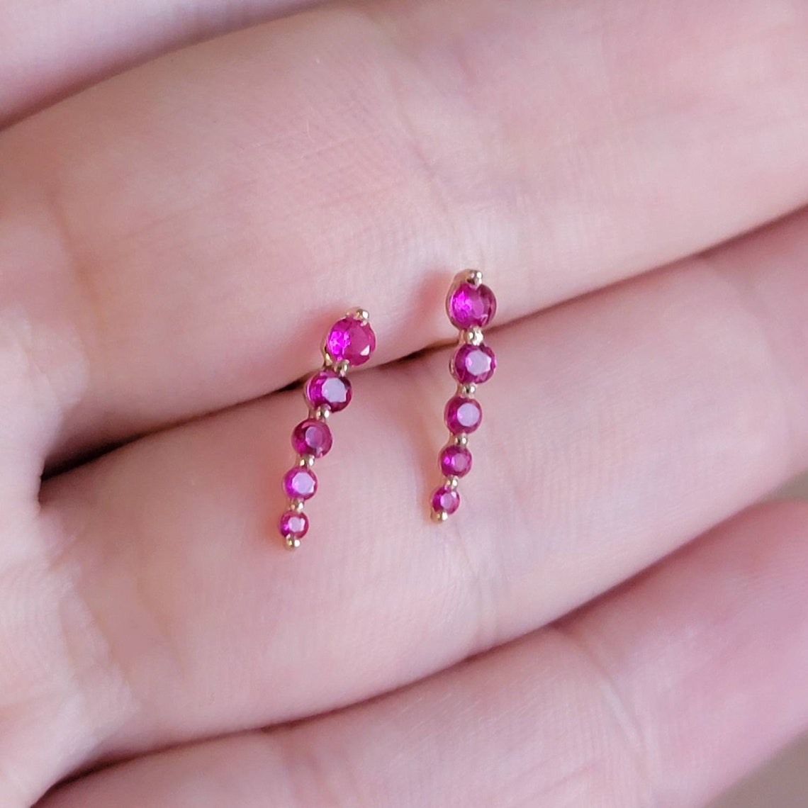 Curved Ruby Earrings 14k Gold Studs Ruby Studs Ear Climber Etsy
