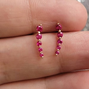 May include: A pair of gold earrings with a curved line of five small red gemstones.