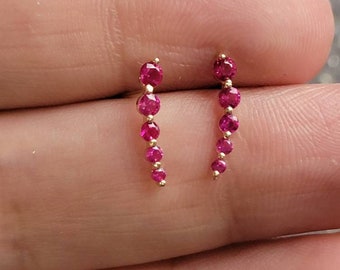 Curved Ruby Earrings, 14k Gold Studs, Ruby Studs, Ear Climber Earrings, Dainty Earrings, Minimalist Earrings, Ear Sweeps