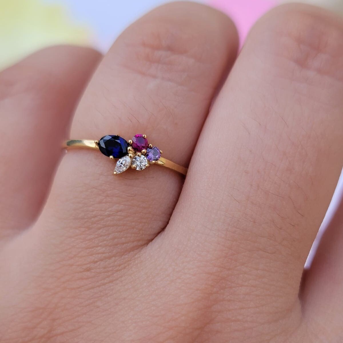14k Solid Gold Diamond and Gemstone Ring, Minimalist Cluster Gemstone Ring, Dainty Birthstone Band, Ruby Ring, Custom Gemstone Ring Mom