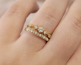 Diamond Engagement Ring Set: 14k Gold Solitaire Wedding Band