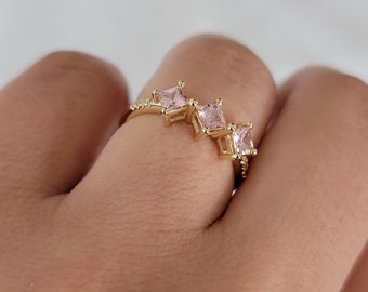 14k Gold Pink Sapphire Three Stone Diamond Ring