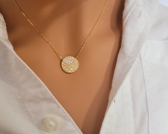 Diamond Circle Disc ketting in 14k massief goud, ronde vorm van meerdere stenen jubileum hanger, stapelbare kleine munt sieraden, bruiloft kettingset