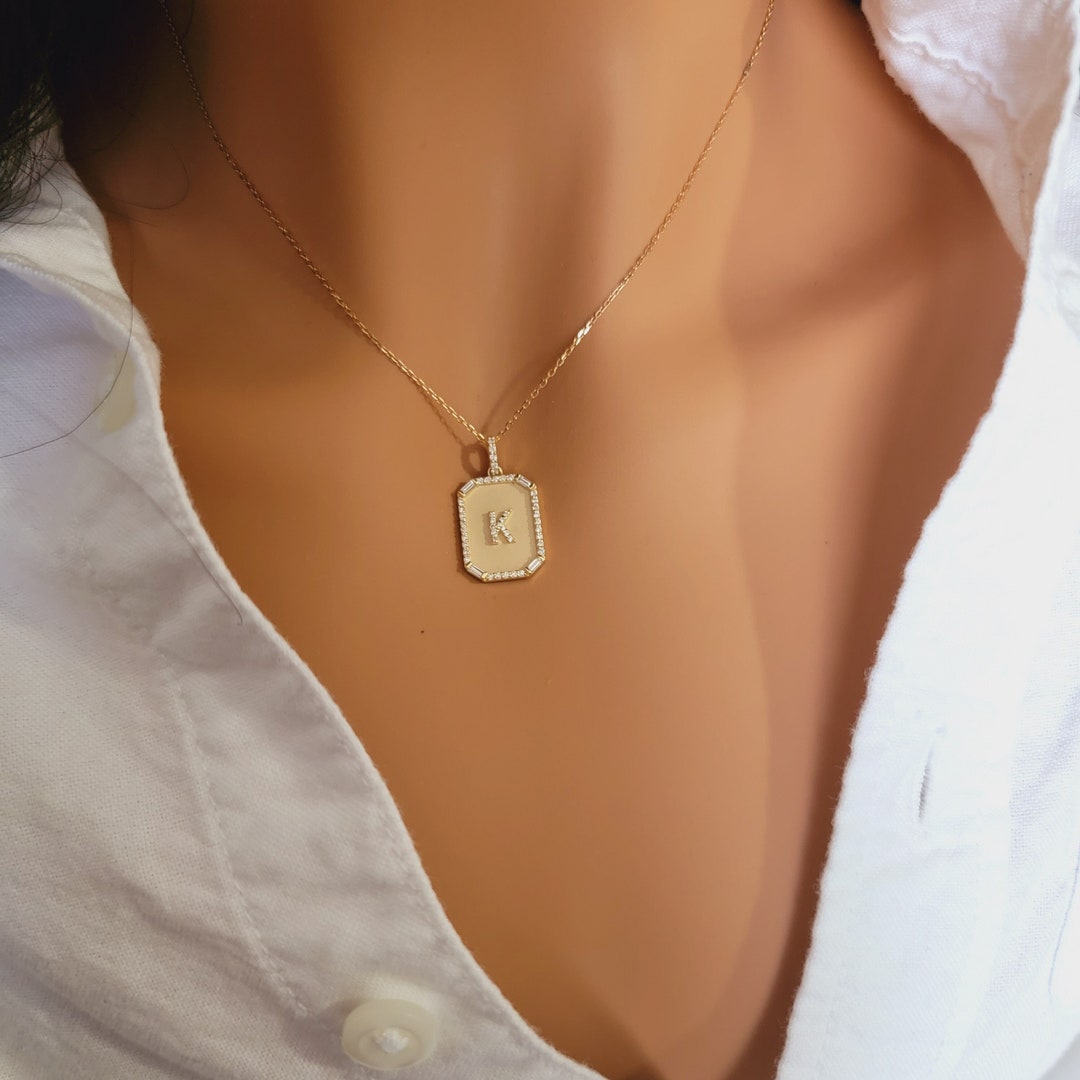 14k Diamond Monogram Necklace, Diamond Tag Initial Necklace