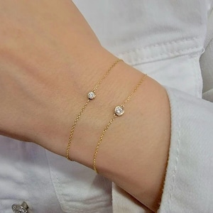 Diamond Bracelet, 14k Gold Bezel Set  Diamond Bracelet For Women, Solitaire Diamond Bracelet 0.10Ct, Small Diamond Bracelet, 14k Rose, White