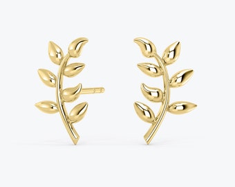 14k Gold Leaf studs, Leaf Branch Earrings, Olive Leaf Women Earrings in 14k Solid Gold