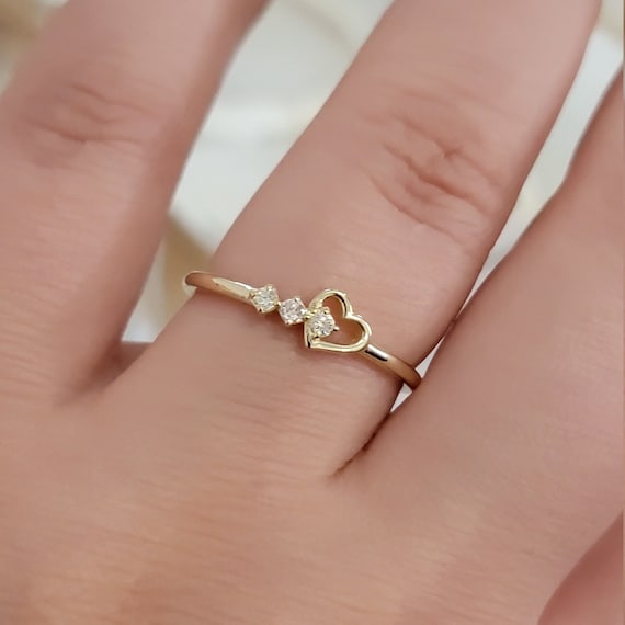14k Gold Diamond Heart Ring Dainty Heart Ring Minimalist Diamond