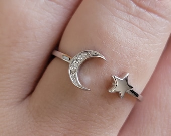Moon Star Diamond Ring, 14k Gold Ring, Ring for Women, Stacking Ring, Moon Ring, Diamond Ring, Open Ring, Minimalist Ring, Dainty Gold Ring