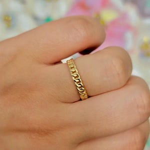 14k Solid Gold Cuban Chain Ring, Curb Link Stacking Band, Solid Gold Cuban Band, Real Gold Chain Ring for Women & Men, Gift Jewelry, White