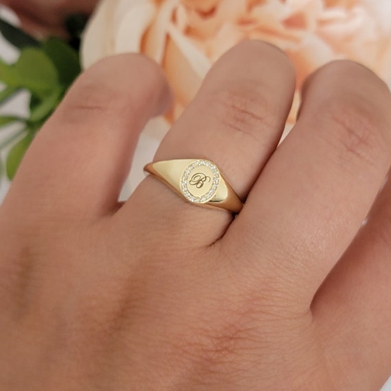Diamond Oval Pave Signet Ring, 14k Initial Pinky Ring for Women