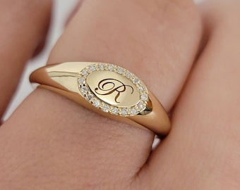 14k Oval Diamond Pave Signet Ring, Engraved Signet Ring, Gold Pinky Ring, 14k Gold Signet Ring, Personalized Initial Monogram Signet Ring
