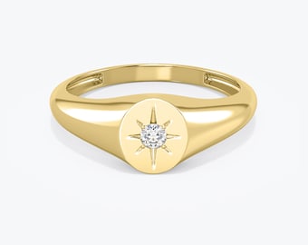 14k Gold Diamond Signet Ring, Star Setting Diamond Signet Ring, Gold Signet Ring Available in Gold, Rose Gold, White Gold, Pinky Signet Ring