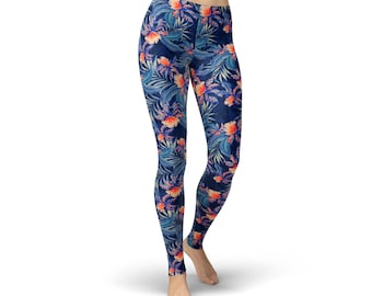 Womens Yoga Pants Tropical Leaves Dark Blue Bird Pattern Super Soft Yoga Leggings with Pockets