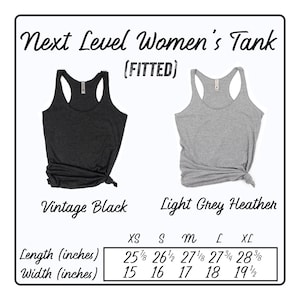 May include: A size chart for a fitted tank top in vintage black and light grey heather. The chart shows the length and width in inches for sizes XS, S, M, L, and XL.