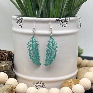 Peacock Green Filigree Feather Earrings