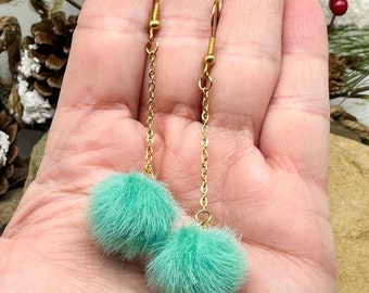 Turquoise Drop Pom Pom Earring