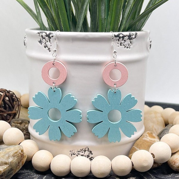 Blue Flower Earrings | Wood Earrings | Robbins Egg Blue and Pink Earrings | Lightweight Earrings | Hypoallergenic | Gift For Her | Retro