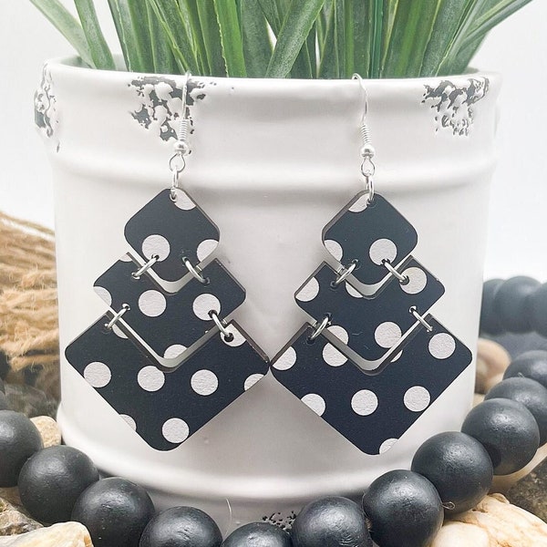 Black Polka Dot Wood Earrings | Black and White Earrings | Polka Dot Earrings | Wood Earrings | Gift For Her | Boho Earrings