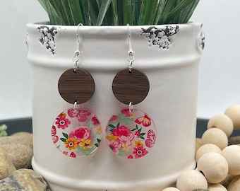 Floral Butterfly Earrings | Patterned acrylic Earrings | Acrylic and Wood | Spring Earrings | Hypoallergenic Earrings | Gift For Her