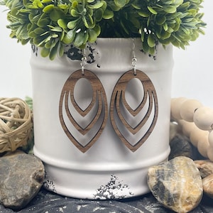 Triple Teardrop Laser Cut Wood Earrings