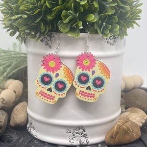 Sugar Skull Textured Wood Earrings