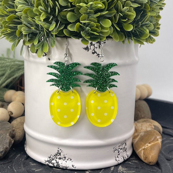 Polka Dot Pineapple Earrings | Acrylic Pineapple Earrings | Pineapple Earrings | Fruit Earrings | Lightweight Earrings | Hypoallergenic