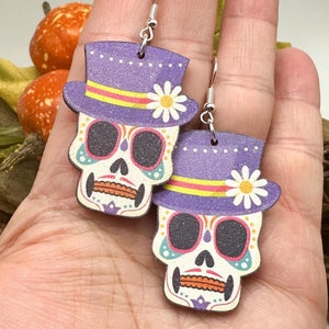 Textured Wood Sugar Skull Earrings