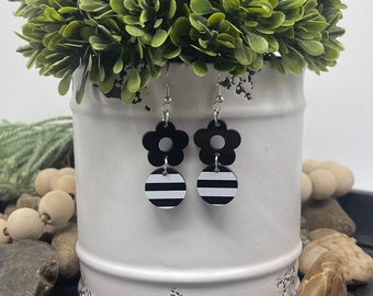 Striped Acrylic Earrings | Black and White Acrylic Earrings | Boho Earrings |  Earrings | Statement Earrings | Hypoallergenic | Gift For Her