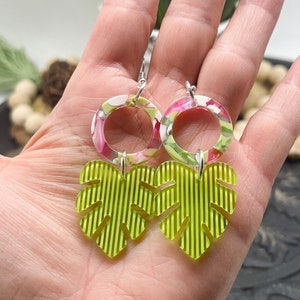 Green Striped Acrylic Palm Leaf Earrings