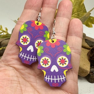 Textured Wood Sugar Skull Earrings