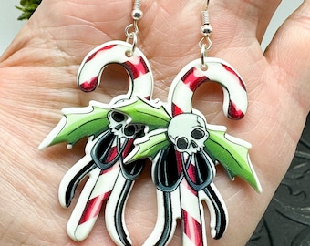 Creepy Christmas Skull Candy Cane Earrings