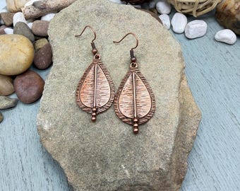 Antique Copper Leaf Textured Leaf Earrings