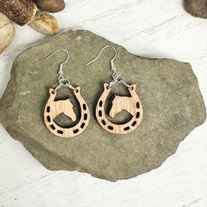 Horse in Horseshoe Earrings: Laser Cut Equestrian Jewelry