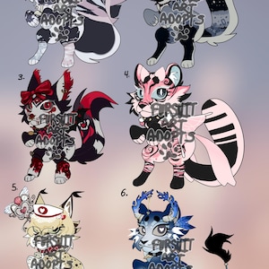 May include: A collection of six stylized animal character designs, each with unique color palettes and features. The characters include a variety of patterns, accessories, and poses, with the text "FURSUIT ART ADOPTS" overlaid on each design.