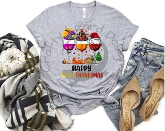 Happy Hallothanksmas Wine Glasses Graphic | Funny Halloween Thanksgiving Christmas Wine Lover Design | Perfect Fall Holiday Gift Idea