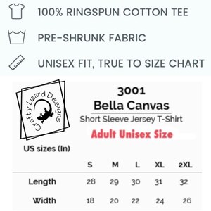 Puede incluir: Tabla de tallas para una camiseta de jersey de manga corta Bella Canvas 3001. La tabla muestra las medidas en pulgadas para la longitud y el ancho para las tallas S, M, L, XL y 2XL.