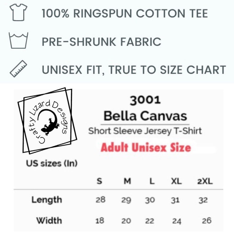 Puede incluir: Tabla de tallas para una camiseta de jersey de manga corta Bella Canvas 3001. La tabla muestra las medidas en pulgadas para la longitud y el ancho para las tallas S, M, L, XL y 2XL.