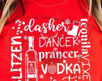 Funny Christmas Drinking Reindeer Design | Dasher Vodka Dancer Moscato Vixen Tequila Graphic | Holiday Party Wine Lover Gift