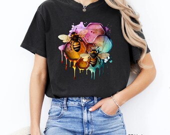 Watercolor Honeycomb Bee Design – Colorful Dripping Honey Bees Art – Nature Lover Gift