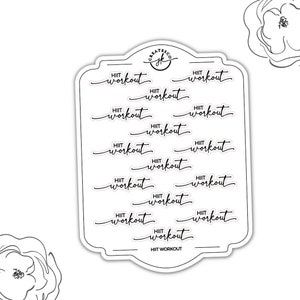 May include: A sheet of clear stickers with the text "HIIT Workout" repeated 12 times in a black cursive font. The stickers are arranged in a grid pattern on a white background.