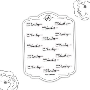 Może przedstawiać: Biała arkusz naklejek z 15 czarno-białymi naklejkami z napisem "PACK lunches" w odręcznym stylu. Naklejki są ułożone w siatkę. Arkusz jest otoczony białą ramką.