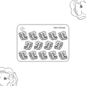 Puede incluir: Una hoja de 12 pegatinas en blanco y negro que representan una maleta abierta con una persona dentro. El texto "Open Suitcase" está en la parte superior de la hoja.
