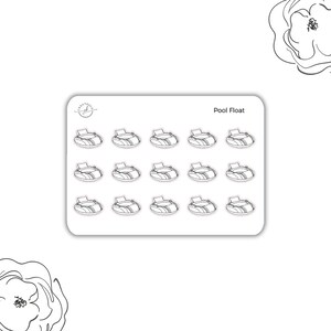 May include: A sheet of 12 black and white outline stickers of pool floats. The stickers say "Pool Float" at the top.