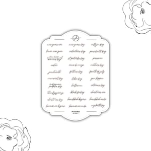 May include: A set of 20 clear stamps with black ink featuring various holidays and events written in a cursive script. The stamps are arranged in three columns and include holidays such as New Year's Eve, Valentine's Day, President's Day, Easter, Mother's Day, Father's Day, Memorial Day, Labor Day, Halloween, Thanksgiving, Black Friday, Christmas Eve, Christmas Day, Hanukkah Begins, Hanukkah Ends, and more.