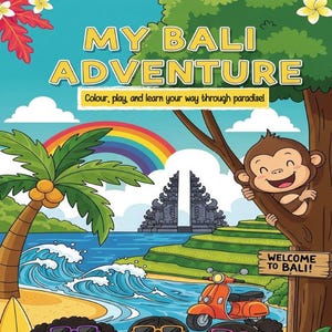 Pode incluir: Capa de livro infantil colorida, "My Bali Adventure", com uma cena de praia tropical, personagens de desenhos animados, um arco-&iacute;ris e palmeiras. O texto inclui "Colour, play, and learn your way through paradise!" e "Welcome to Bali!"
