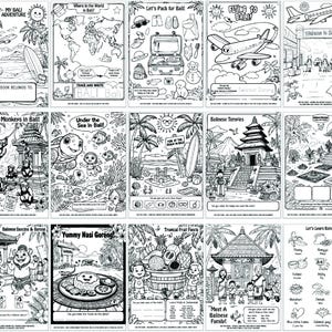Pode incluir: P&aacute;ginas de livro de colorir em preto e branco com tema Bali. As cenas incluem uma praia, macacos, templos e comida. O texto inclui "My Bali Adventure", "Let's Pack for Bali!" e "Yummy Nasi Goreng".