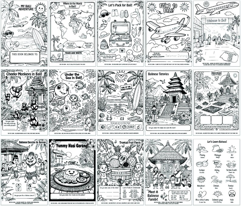 Pode incluir: P&aacute;ginas de livro de colorir em preto e branco com tema Bali. As cenas incluem uma praia, macacos, templos e comida. O texto inclui "My Bali Adventure", "Let's Pack for Bali!" e "Yummy Nasi Goreng".