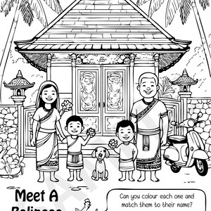 Pode incluir: Desenho a preto e branco de uma fam&iacute;lia balinesa em frente a uma casa tradicional. A imagem inclui uma m&atilde;e, um pai, duas crian&ccedil;as, um c&atilde;o e uma scooter. O texto diz "Meet A Balinese Family!"