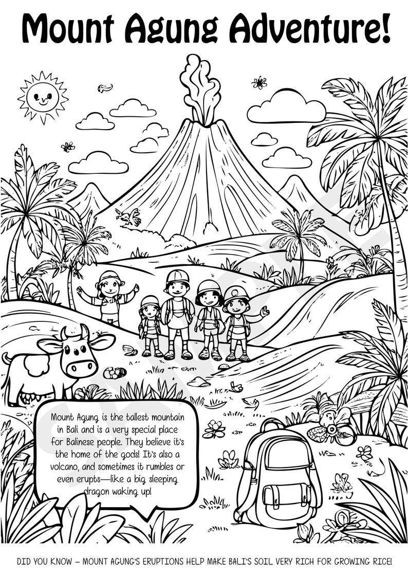 Pode incluir: Desenho a preto e branco de um vulc&atilde;o com o texto "Mount Agung Adventure!". Um grupo de crian&ccedil;as com mochilas est&aacute; caminhando em dire&ccedil;&atilde;o ao vulc&atilde;o. Uma vaca e uma mochila tamb&eacute;m est&atilde;o na cena. O texto na imagem diz que o Monte Agung &eacute; a montanha mais alta de Bali.