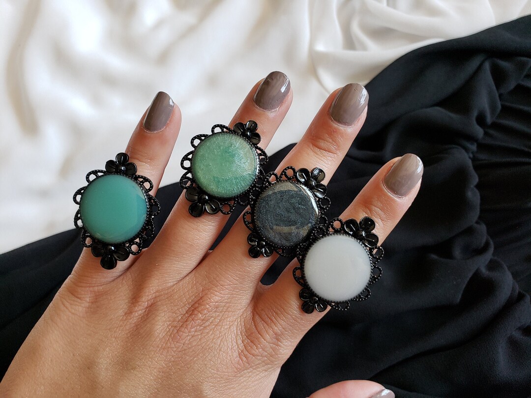 Large Black Fancy Handmade Rings, Resin Rings, Antique Style Rings ...